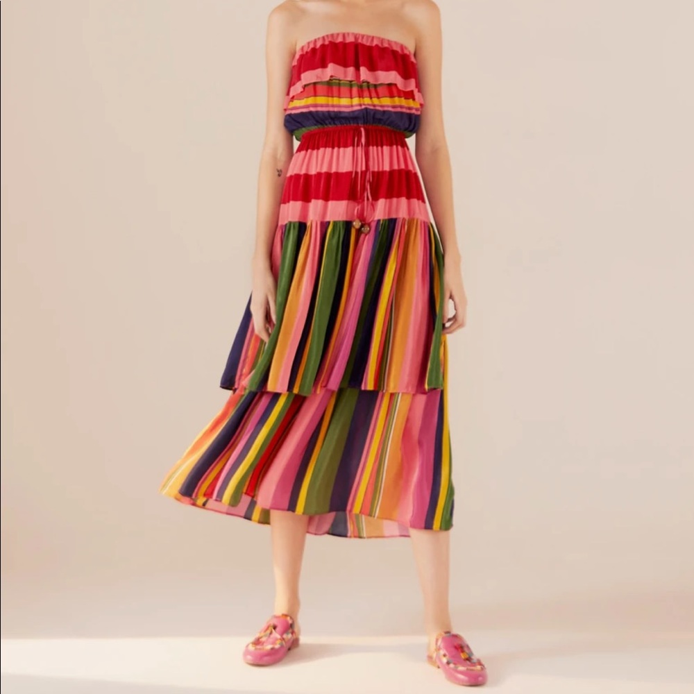FARM Rio Strapless Tiered Midi Dress in Red, Pink, Yellow, Green, Blue, Purple